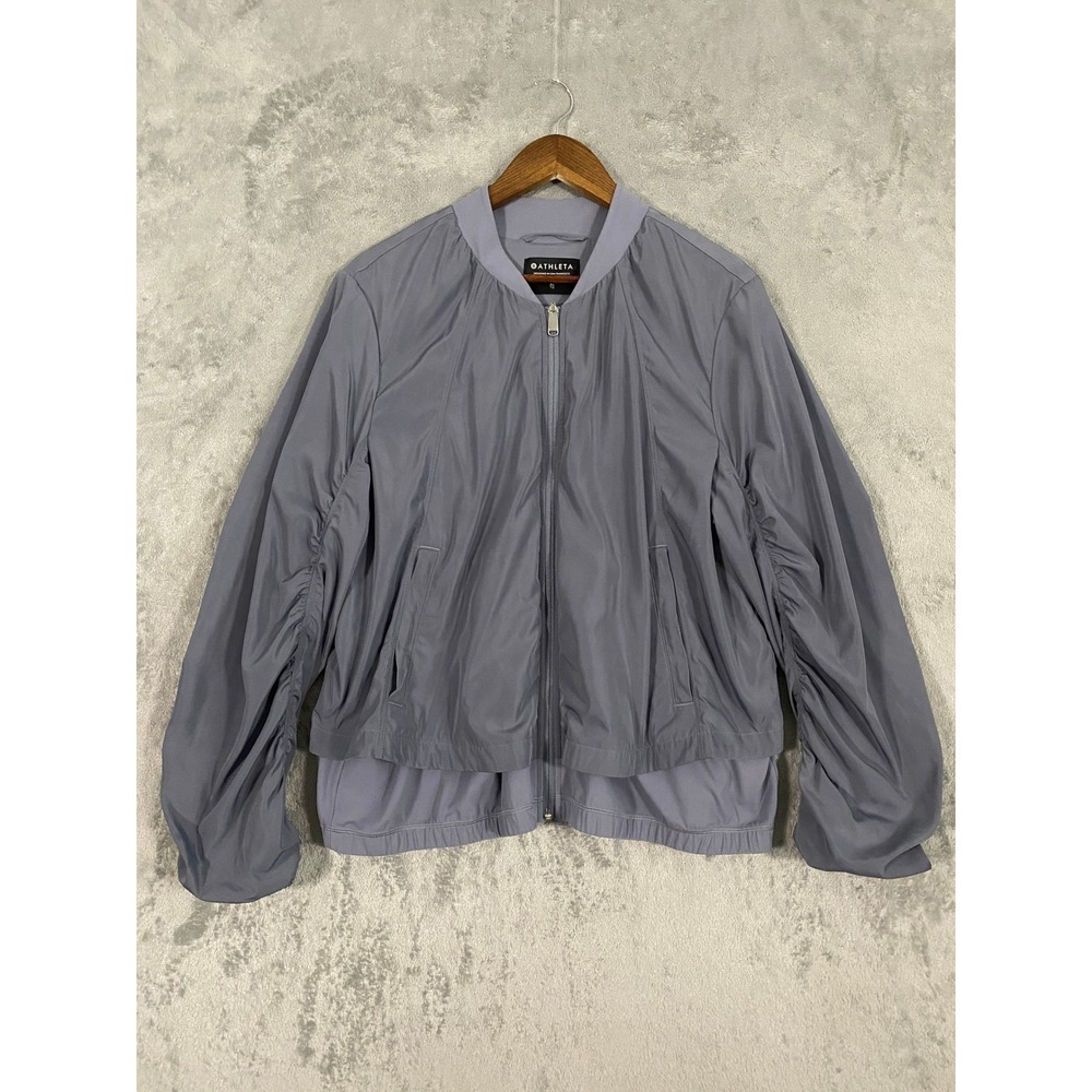 Athleta Bomber Jacket XL Grey Lavender Layered Ruched Sleeve Athleisure Sporty